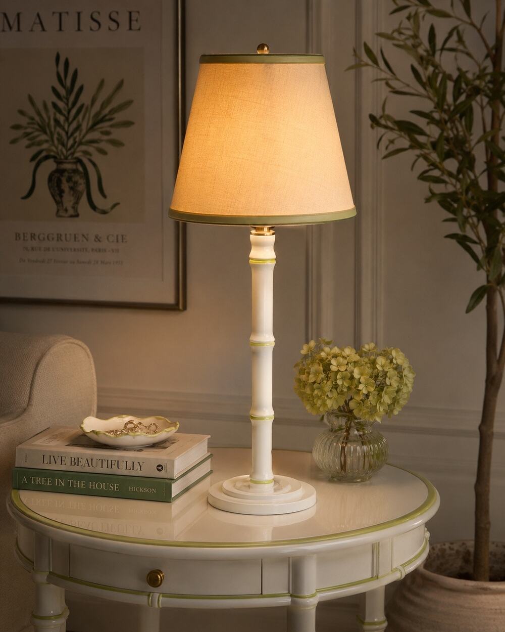 Vintage Resin White and Green Bamboo Shoot Table Buffet Candestick Lamp Tall